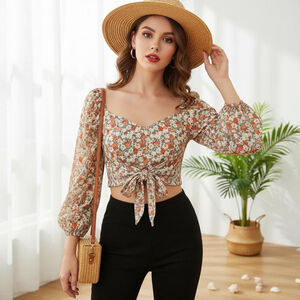 Sweet Lemon Flower Child Medium Sage 3/4 Sleeve Tie Front Crop Top
